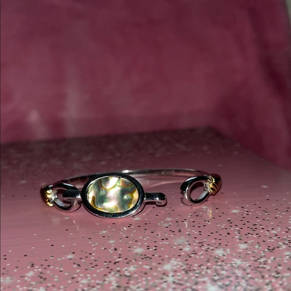 Avon Vintage Silver, Gold Tone Abalone Hinged Bangle Bracelet - Picture 8 of 9